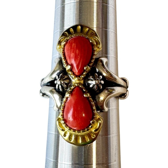 Carolyn Pollack Red Coral Sterling Silver Brass Ring Size 8 - Picture 1 of 7